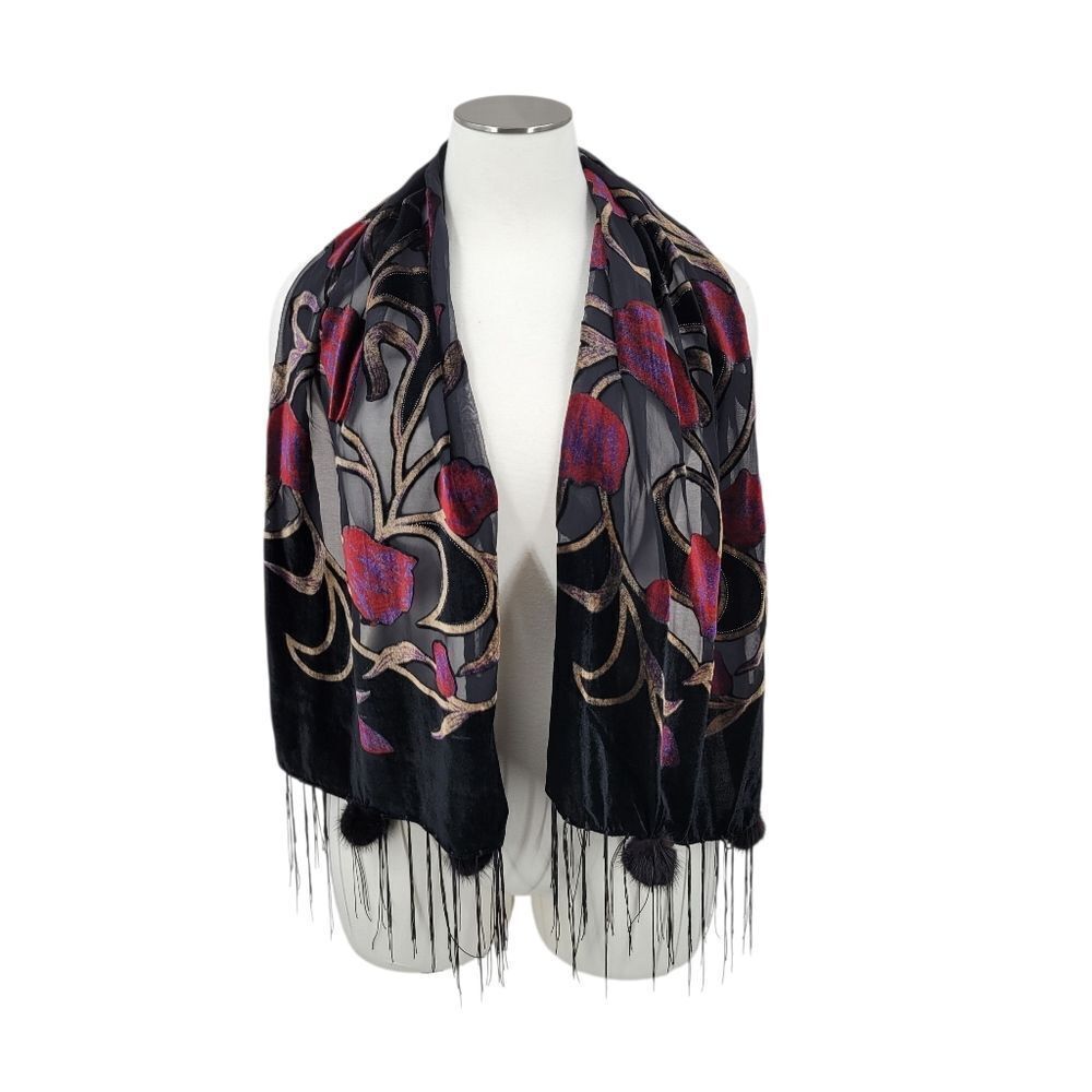 Burnout Velvet Black and Red Floral Scarf with Genuine Fur Pompoms